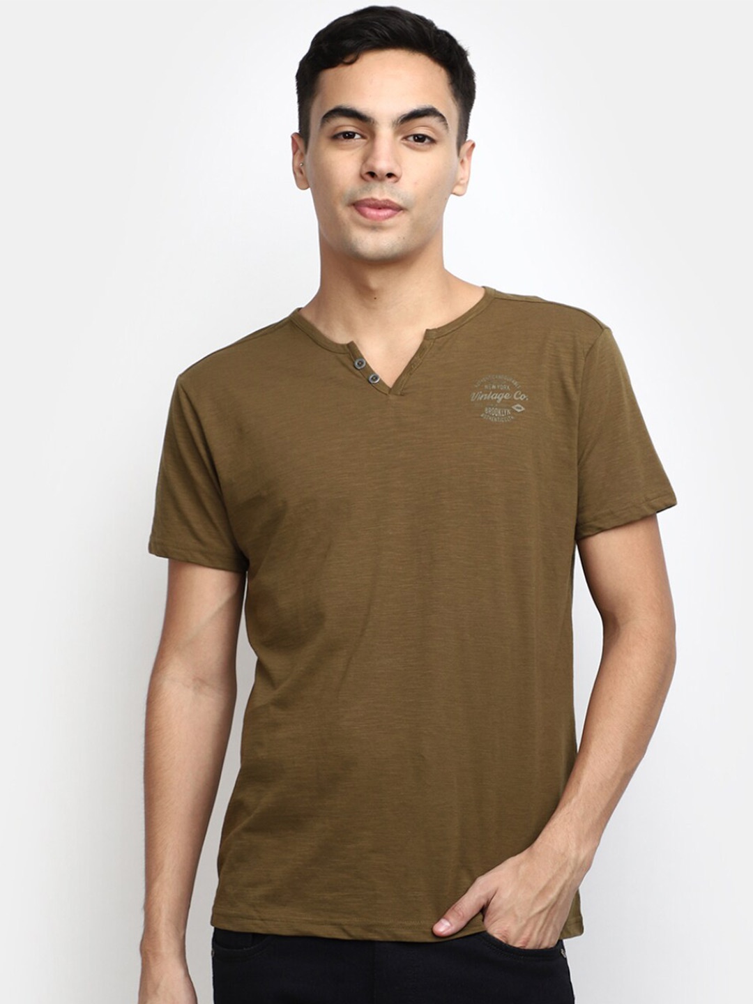 

V-Mart Henley Neck Short Sleeve Cotton T-shirt, Olive