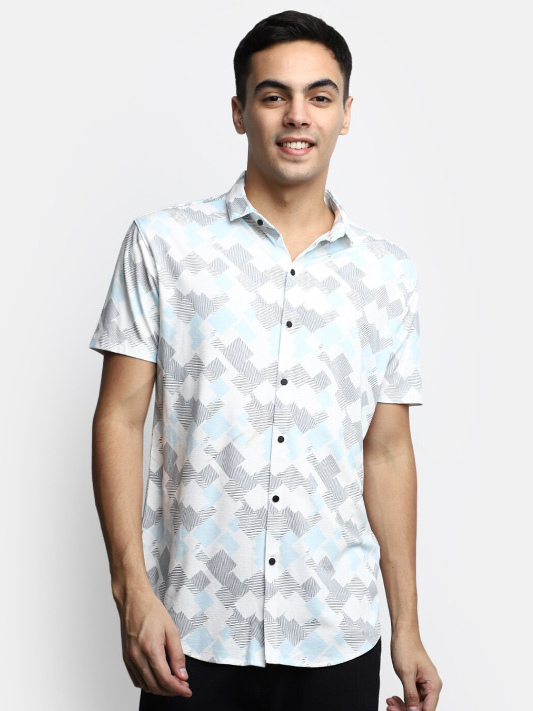 

V-Mart Geometric Printed Short Sleeve Cotton Shirt, White