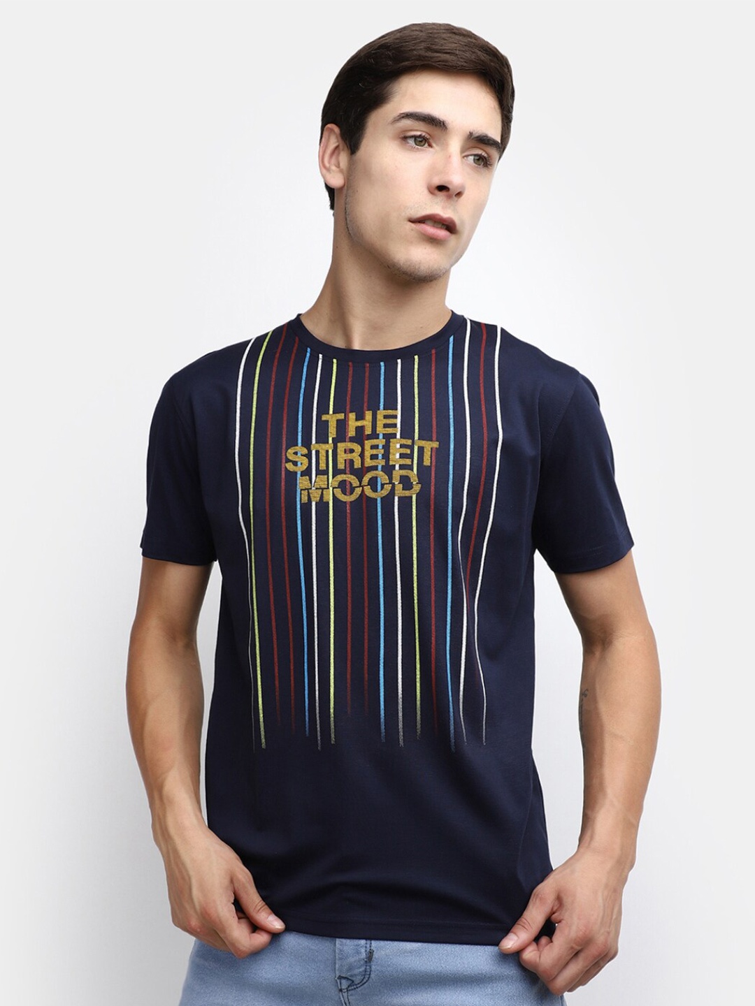 

V-Mart Typography Printed Slim Fit Cotton T-shirt, Navy blue