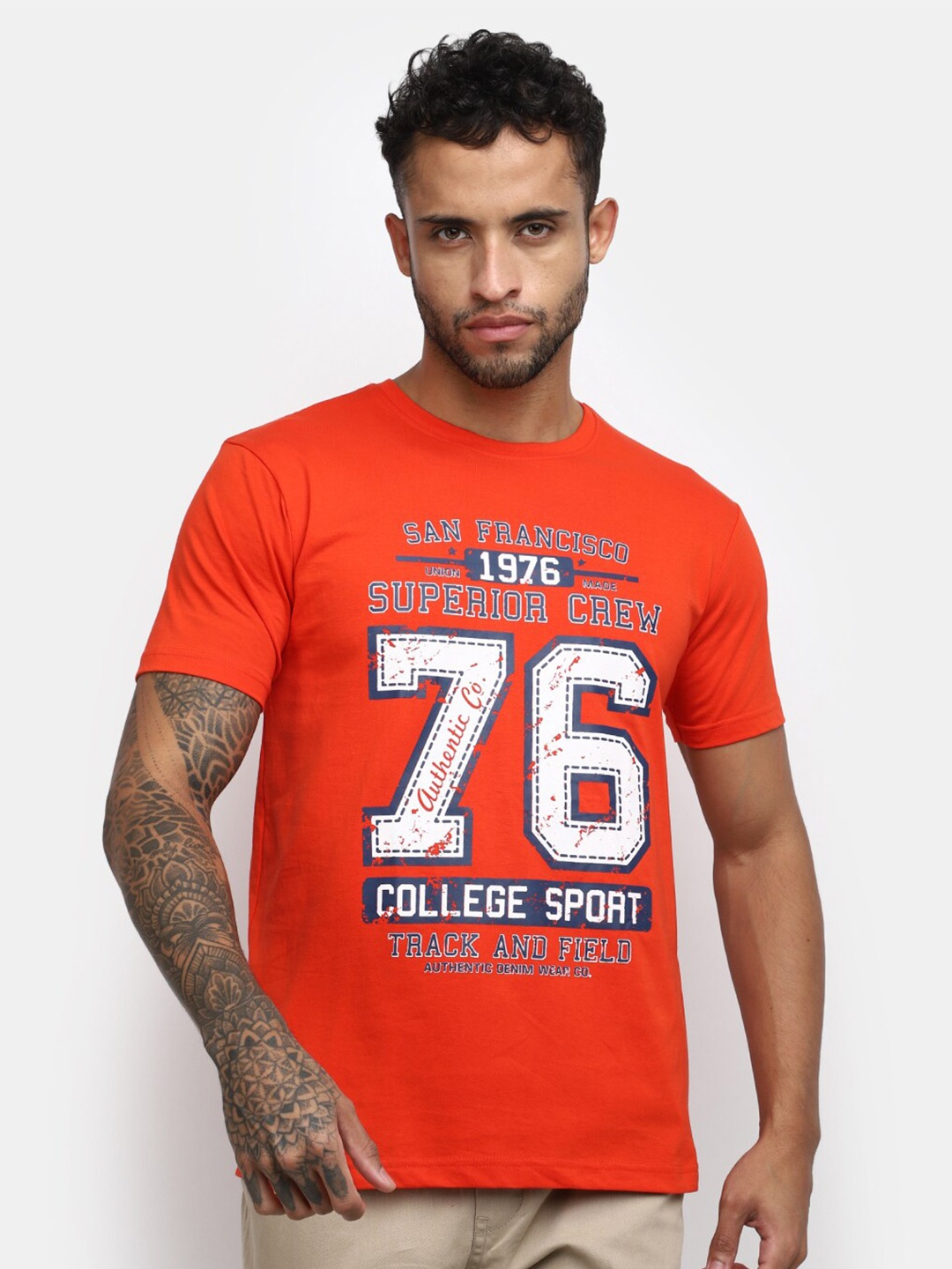 

V-Mart Men Varsity Printed Slim Fit Cotton T-shirt, Orange