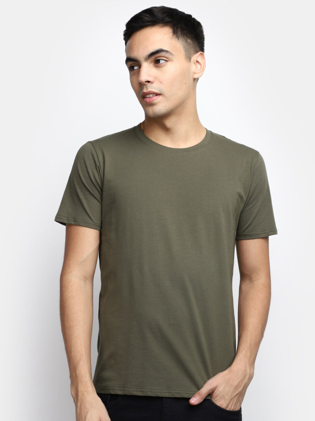 

V-Mart Men Slim Fit Round Neck T-shirt, Olive