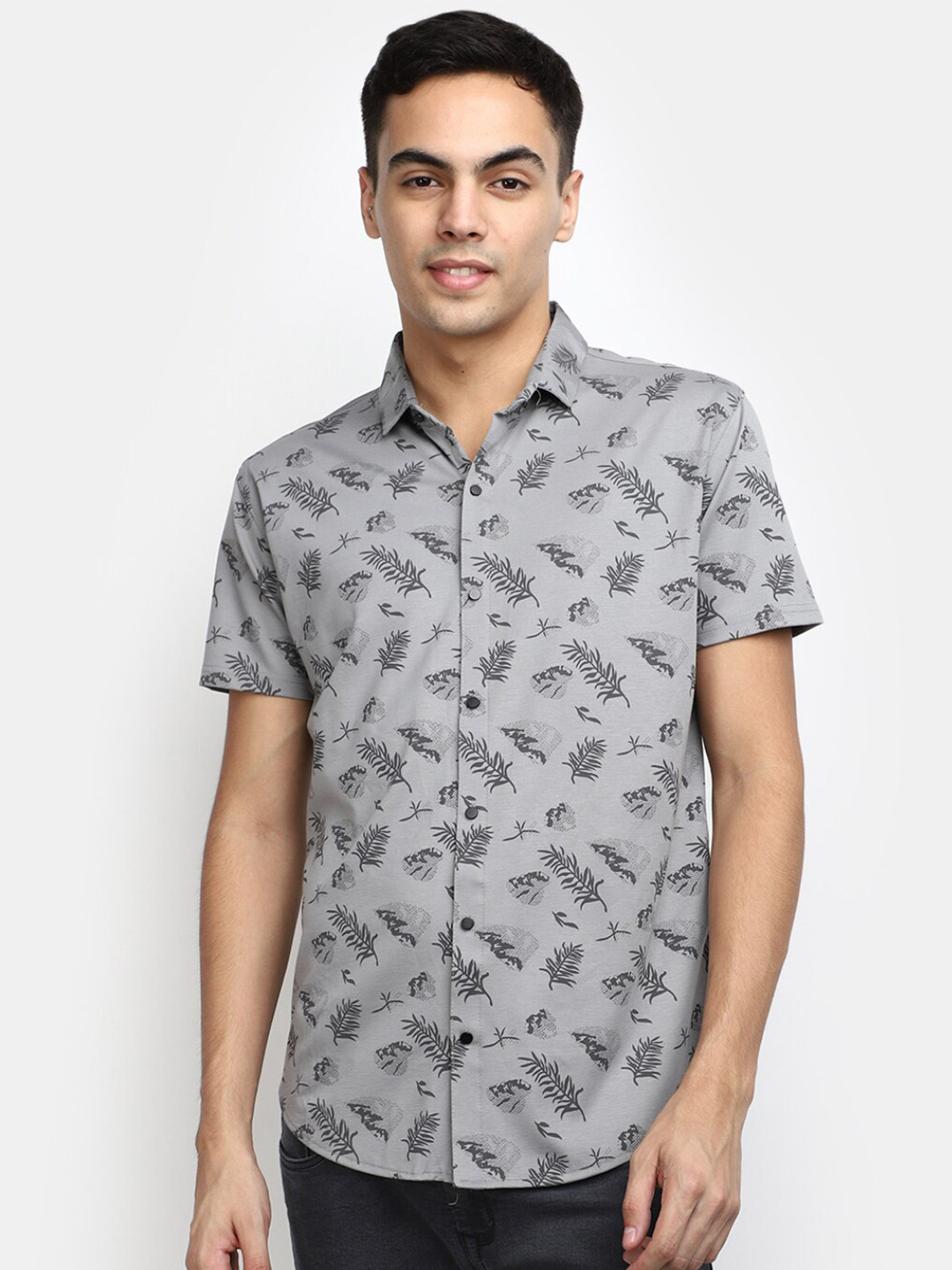 

V-Mart Floral Printed Cotton Casual Shirt, Grey