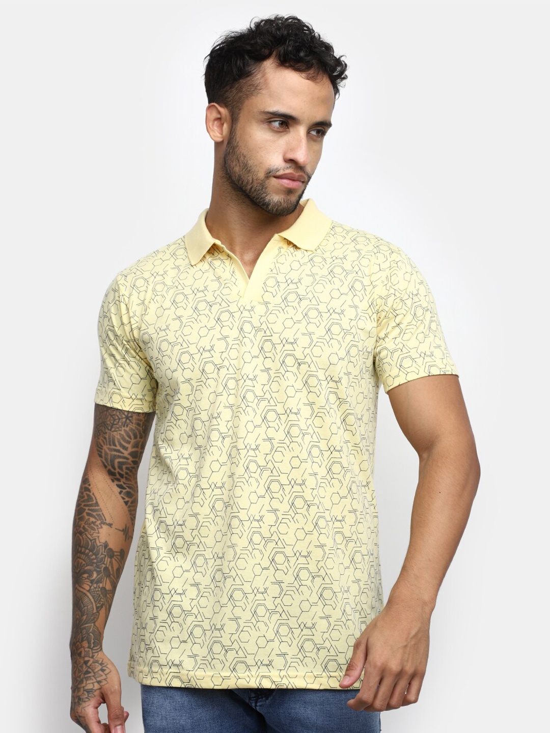 

V-Mart Geometric Printed Polo Collar Cotton Slim Fit T-shirt, Yellow