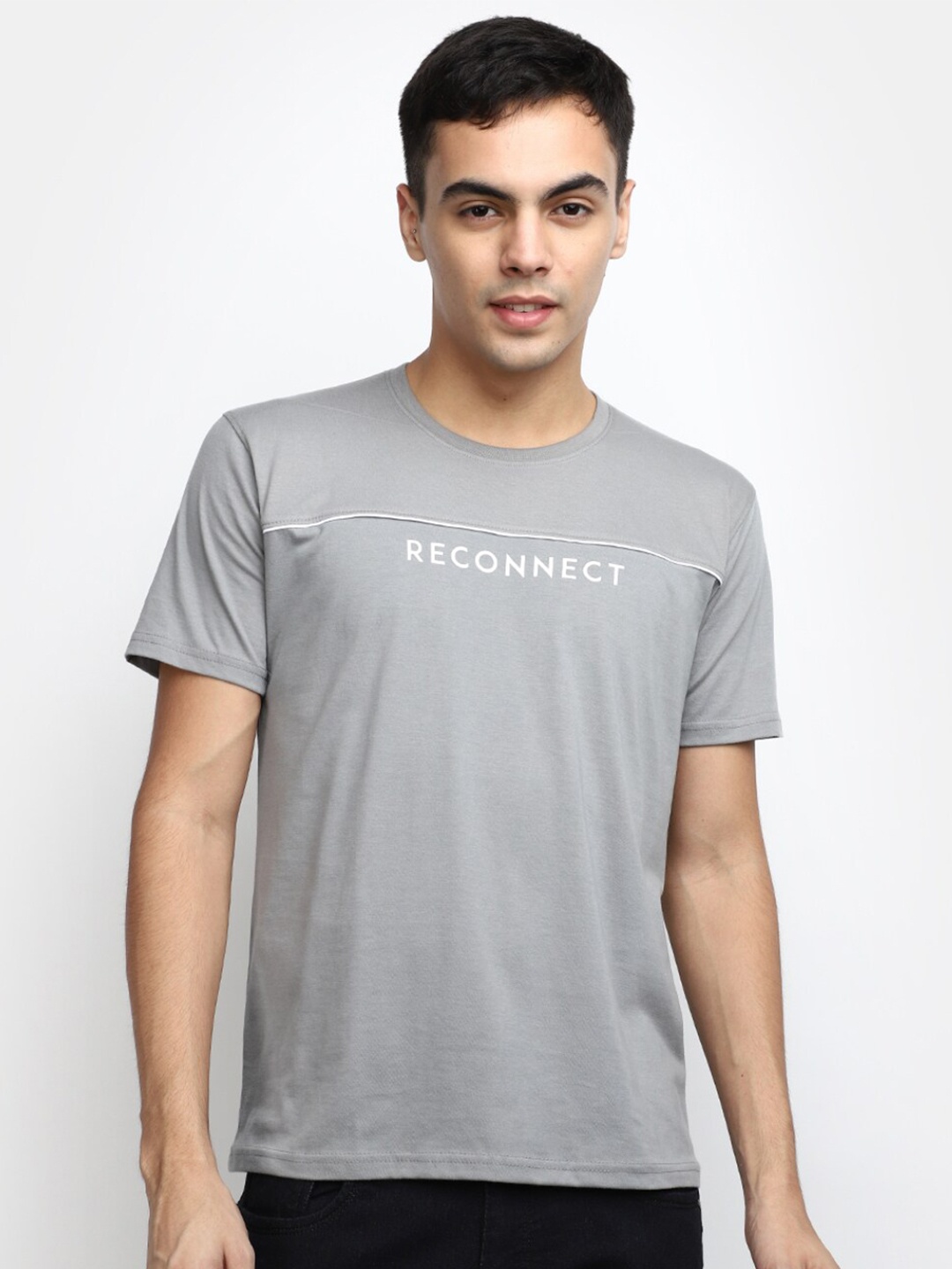 V-Mart Typography printed Round Neck Cotton Slim Fit T-shirt, Grey