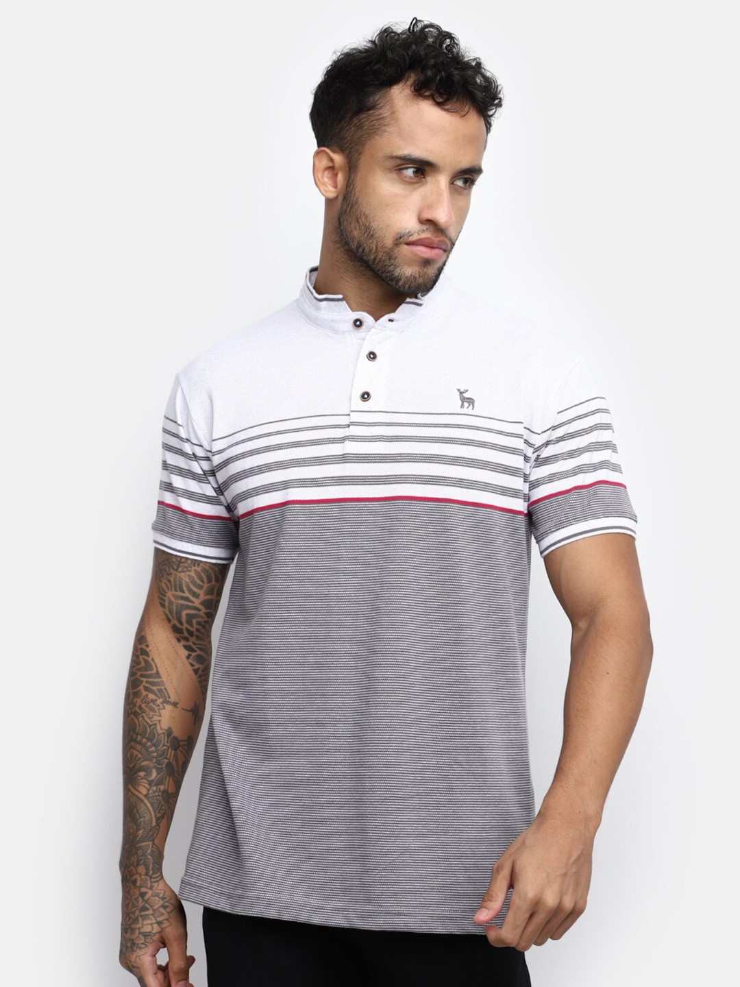 

V-Mart Striped Polo Collar Casual Cotton T-shirt, Grey