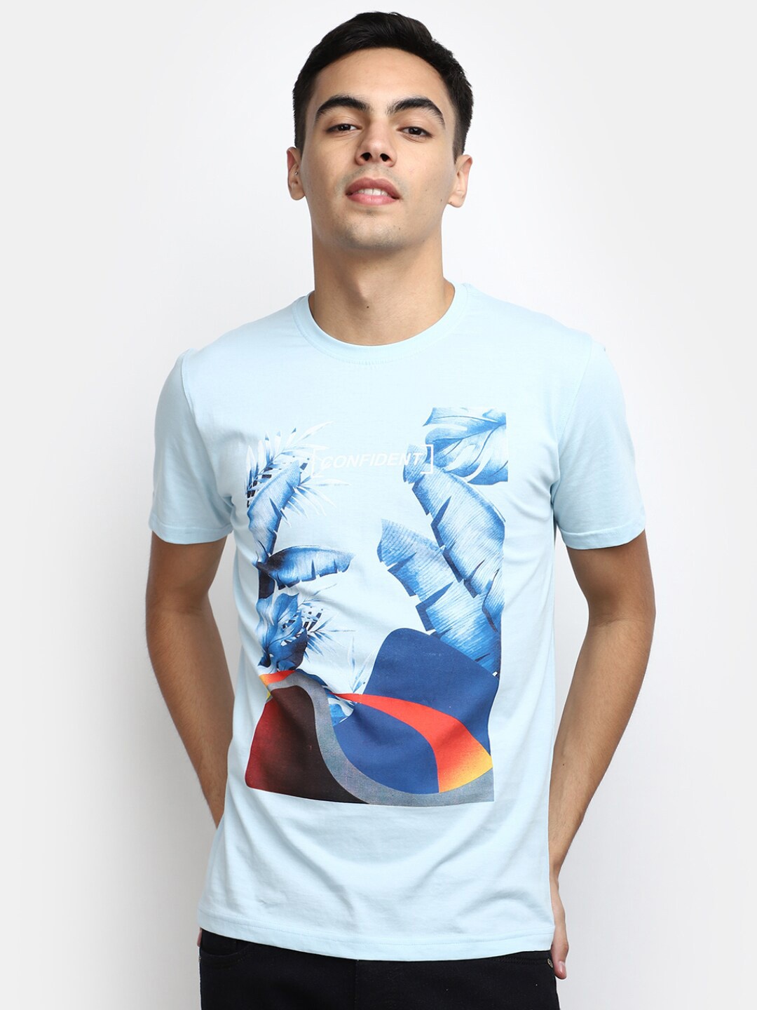 

V-Mart Graphic Printed Slim Fit Cotton Casual T-Shirt, Blue