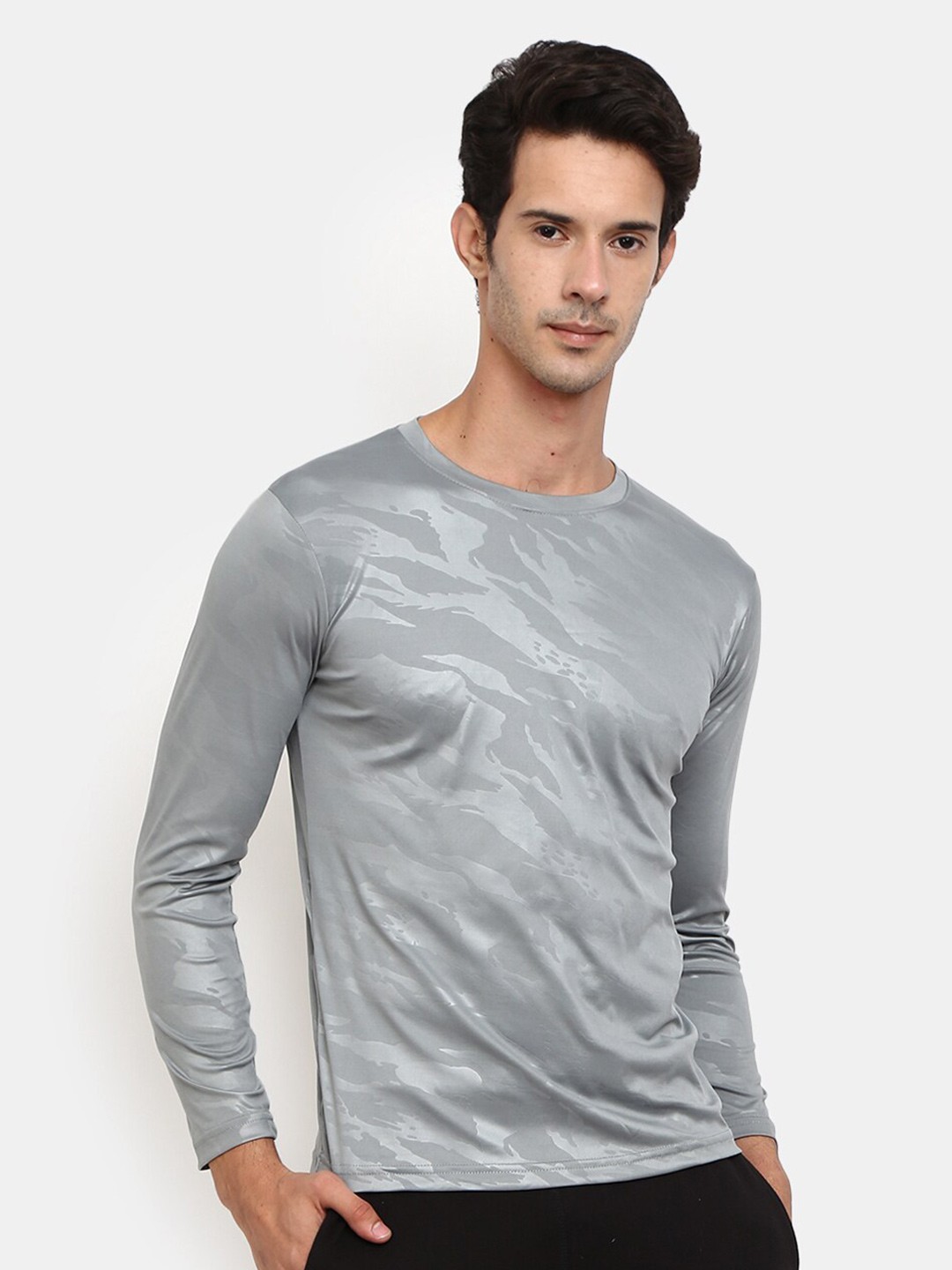

V-Mart Abstract Printed Slim Fit Sports T-shirt, Grey