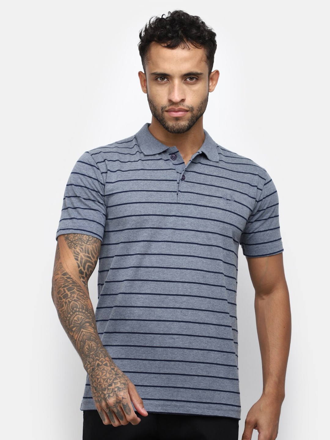 

V-Mart Striped Polo Collar Slim Fit Cotton T-shirt, Grey