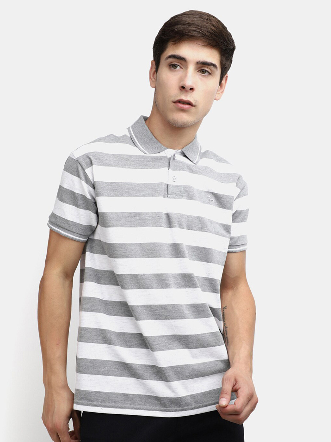 

V-Mart Striped Polo Collar Cotton Casual T-Shirt, Grey
