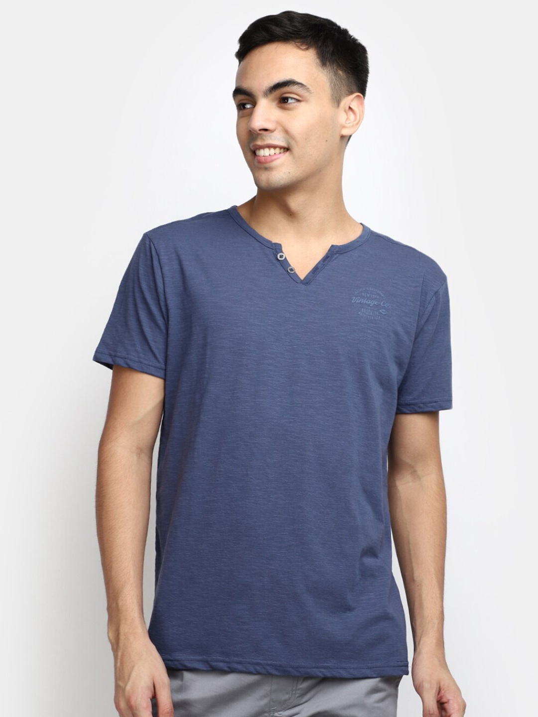 

V-Mart Henley Neck Short Sleeves Cotton T-shirt, Blue