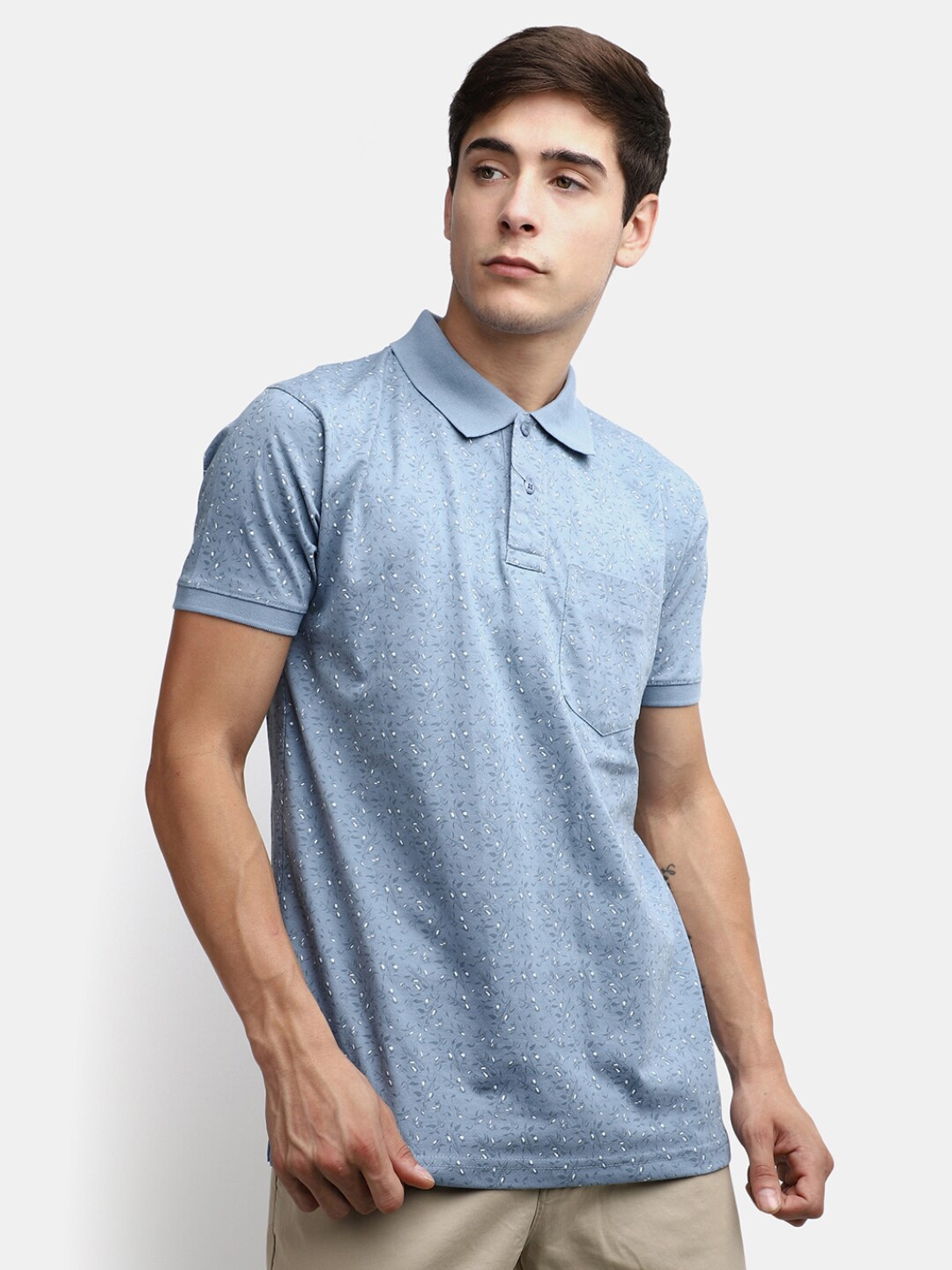 

V-Mart Floral Printed Polo Collar Cotton T-shirt, Blue