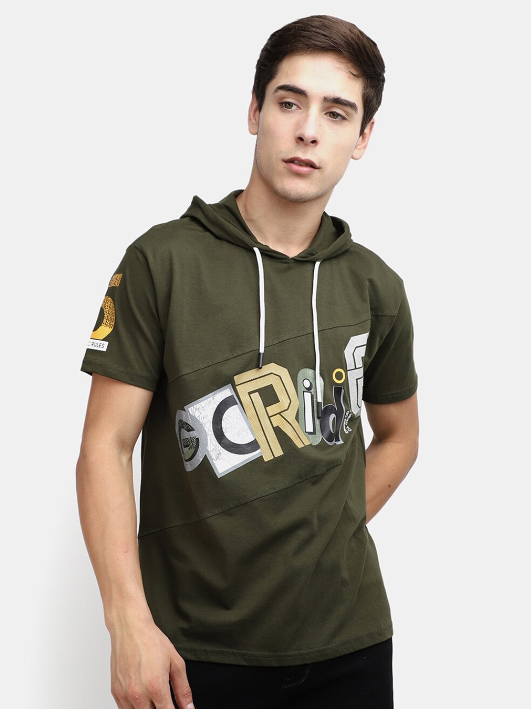 

V-Mart Typography Printed Hooded Cotton T-shirt, Green
