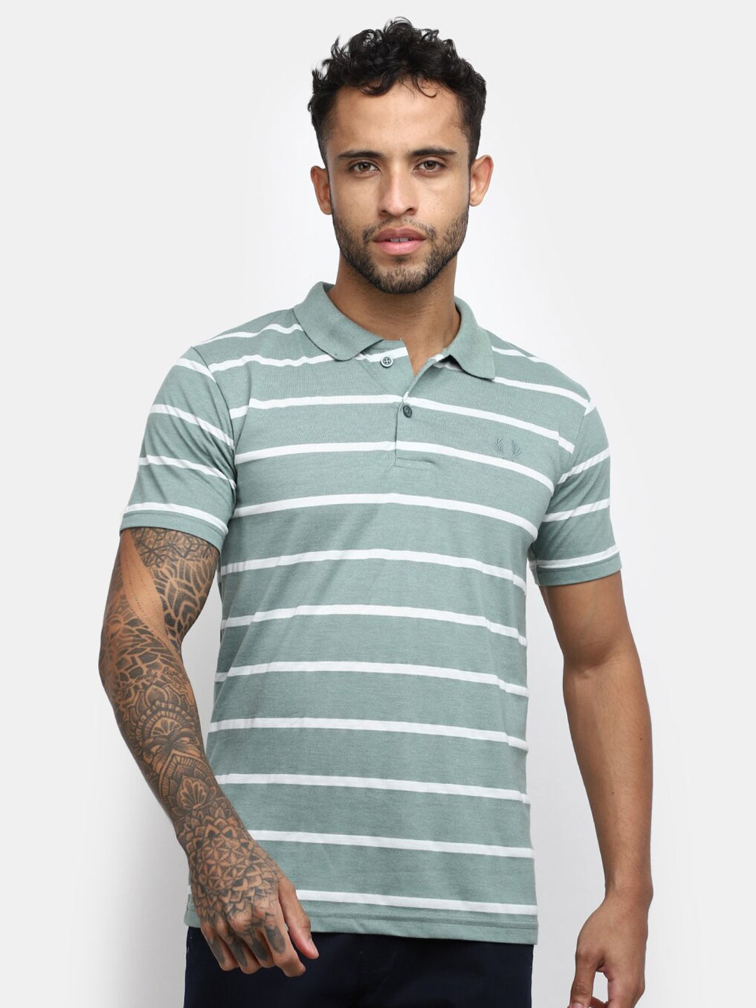 

V-Mart Striped Polo Collar Cotton Slim Fit T-shirt, Green