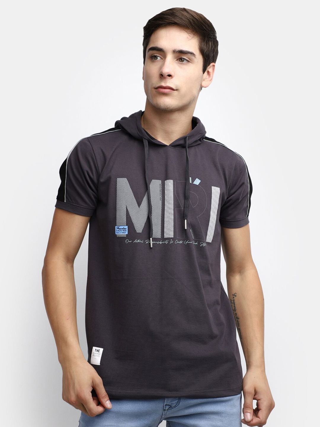 

V-Mart Typography Printed Hooded Cotton Slim Fit T-shirt, Grey