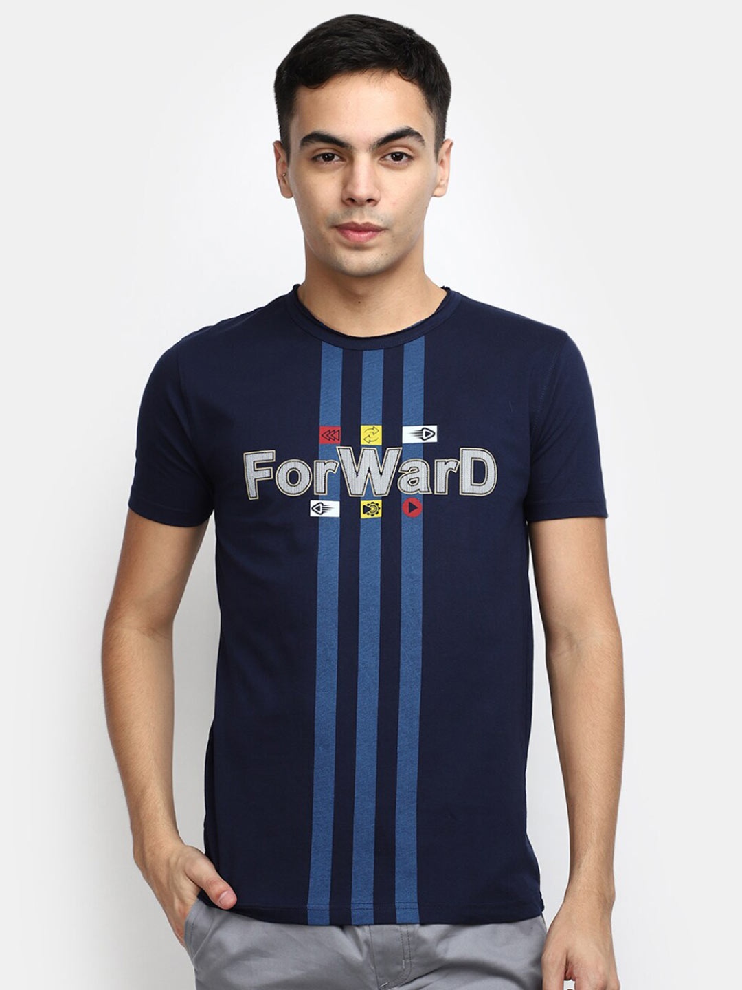 V-Mart Typography Printed Cotton Slim Fit T-shirt, Navy blue