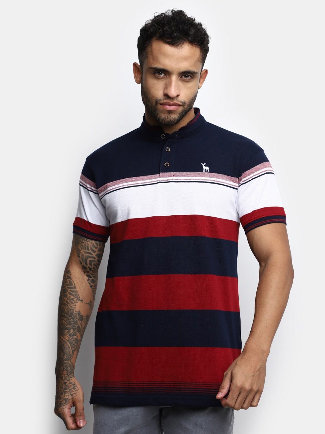 V-Mart Striped Polo Collar Casual Cotton T-shirt, Maroon