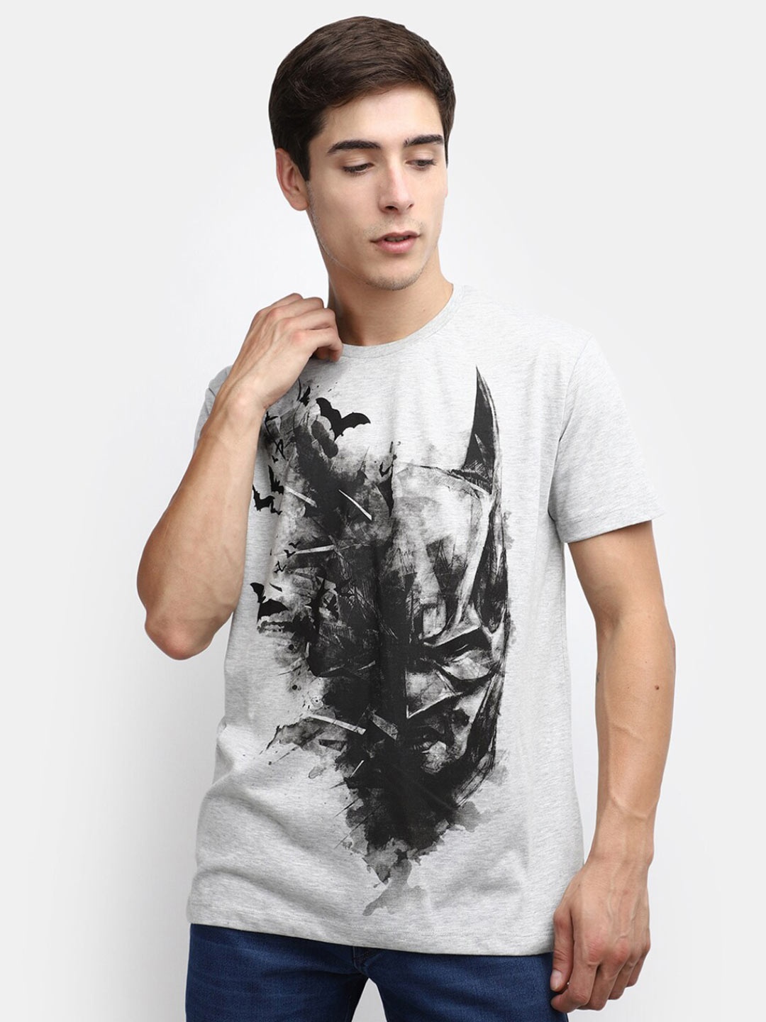 V-Mart Graphic Printed Round Neck Cotton Slim Fit T-shirt, Grey melange