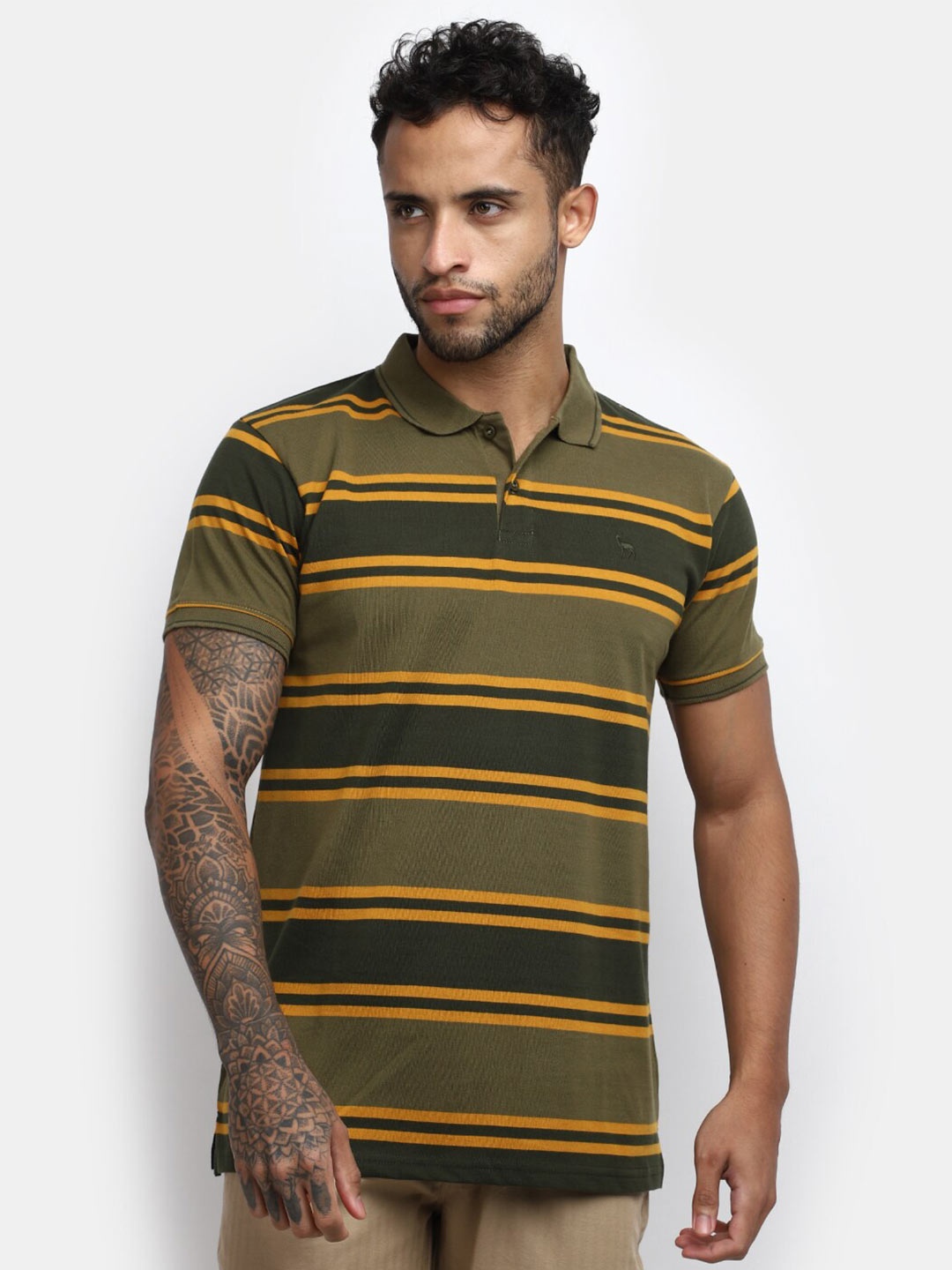 

V-Mart Striped Polo Collar Casual Cotton T-shirt, Olive