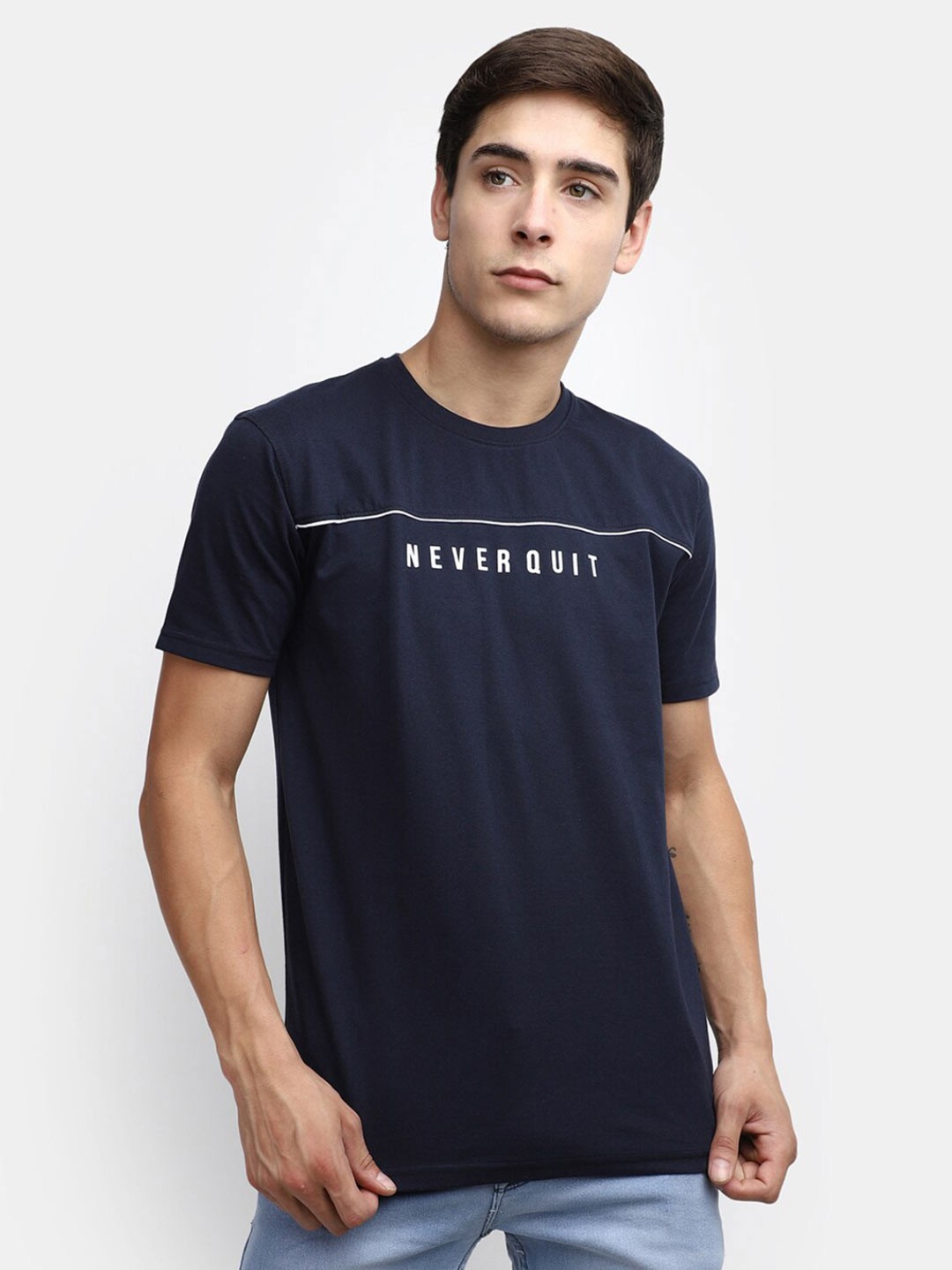 

V-Mart Round Neck Slim Fit Cotton T-shirt, Navy blue