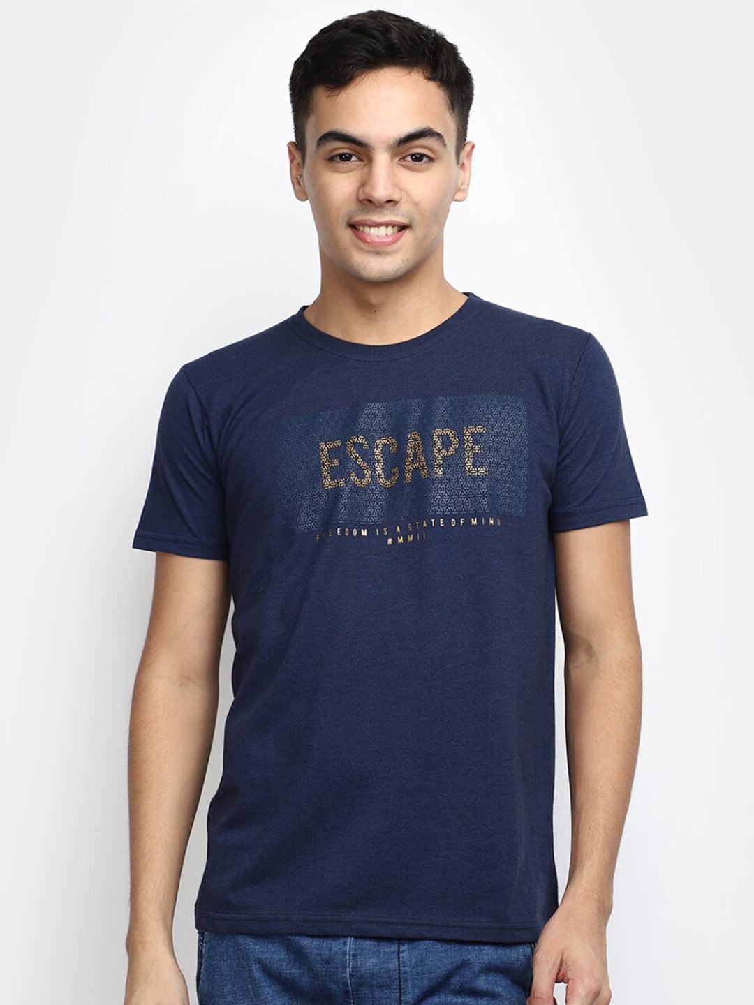 

V-Mart Typography Printed Round Neck Cotton Slim Fit T-shirt, Navy blue