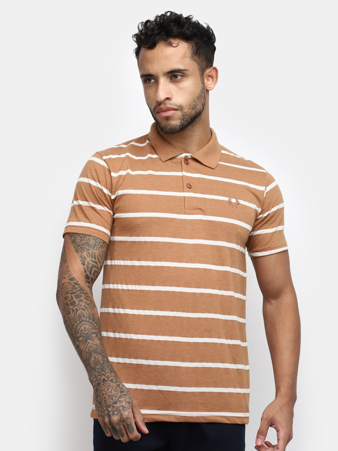 

V-Mart Striped Polo Collar Cotton Slim Fit T-shirt, Brown