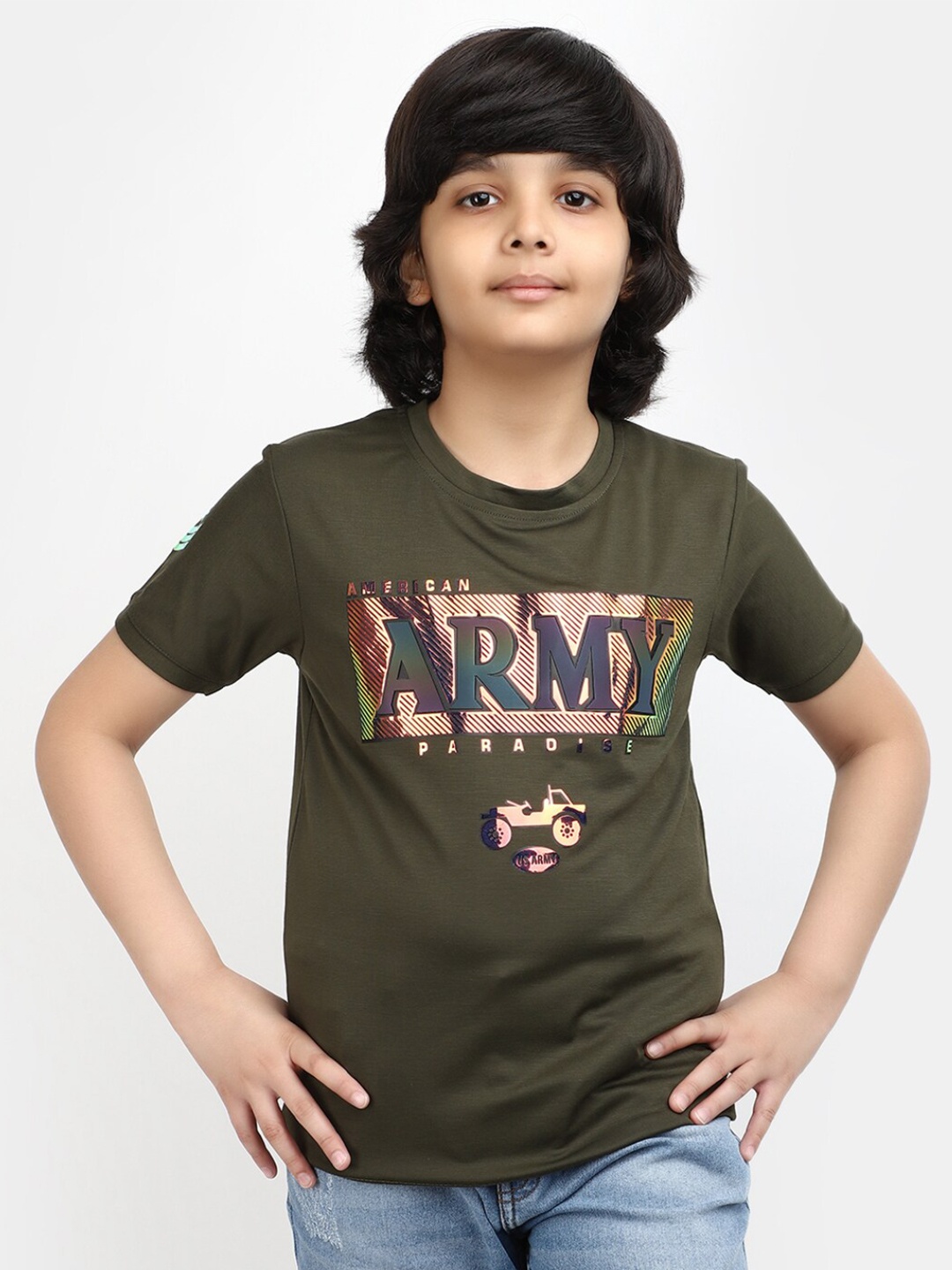 

V-Mart Boys Typography Printed Round Neck Cotton T-shirt, Olive