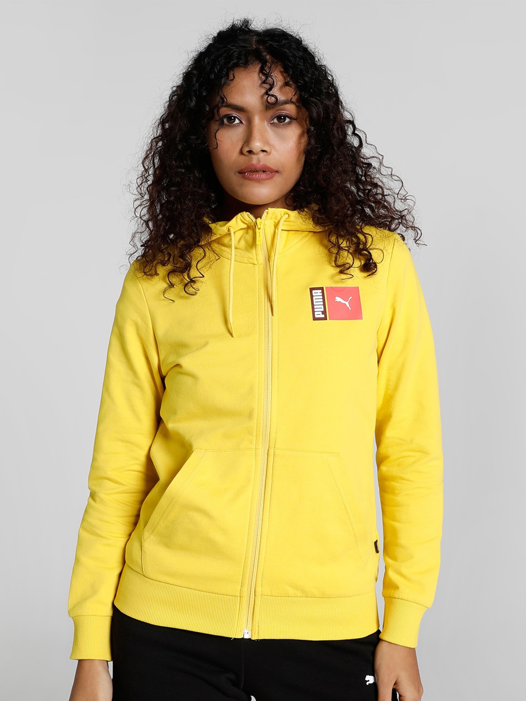 

Puma Women Graphic Hooded Regular Fit Front-Open Sweatshirt, Yellow