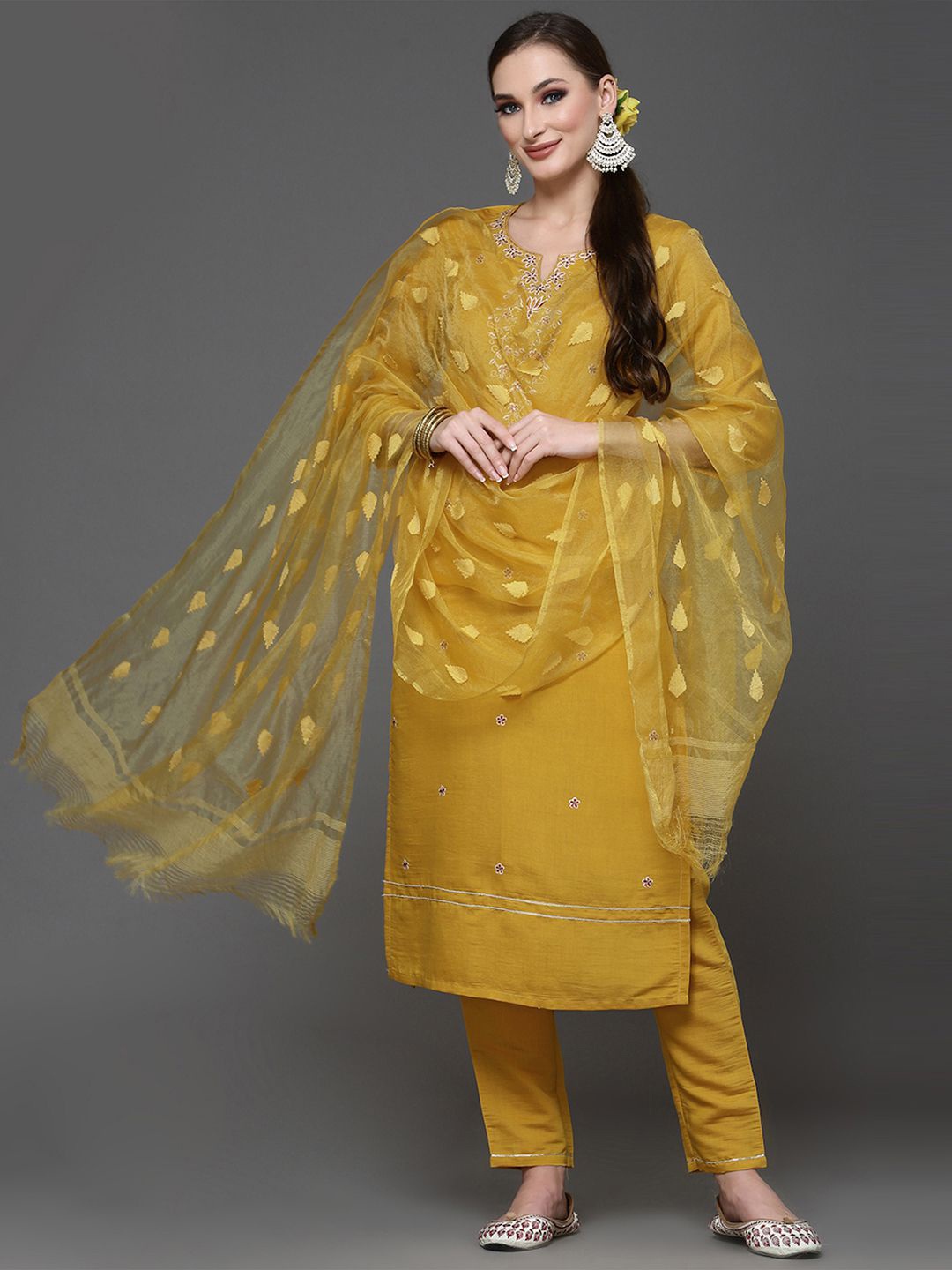

SKYLEE Mustard Yellow Floral Embroidered Sequinned Kurta with Trousers & With Dupatta