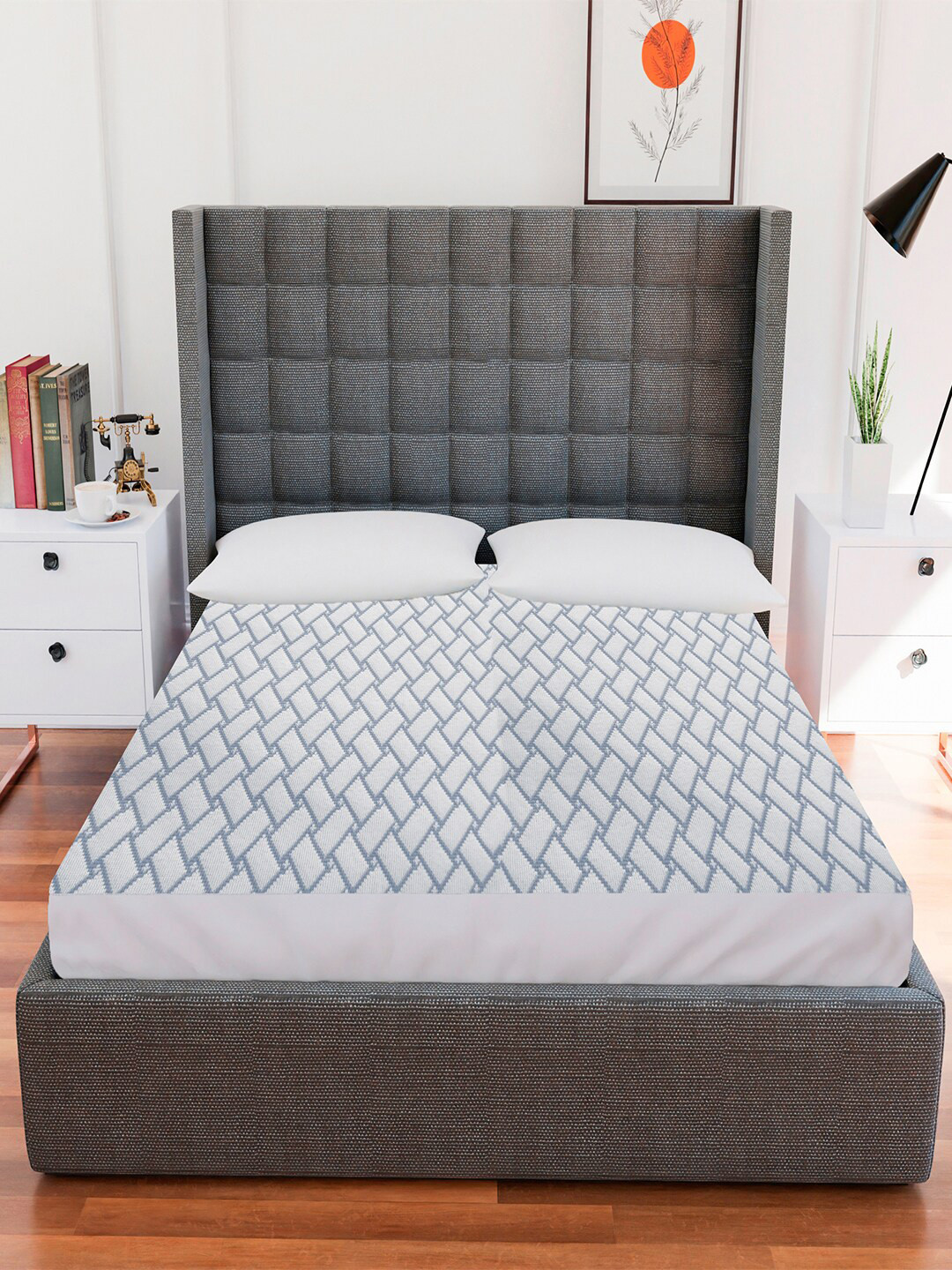 

AVI White & Grey Printed Waterproof Deep Skirting Jacquard King Bed Mattress Protector