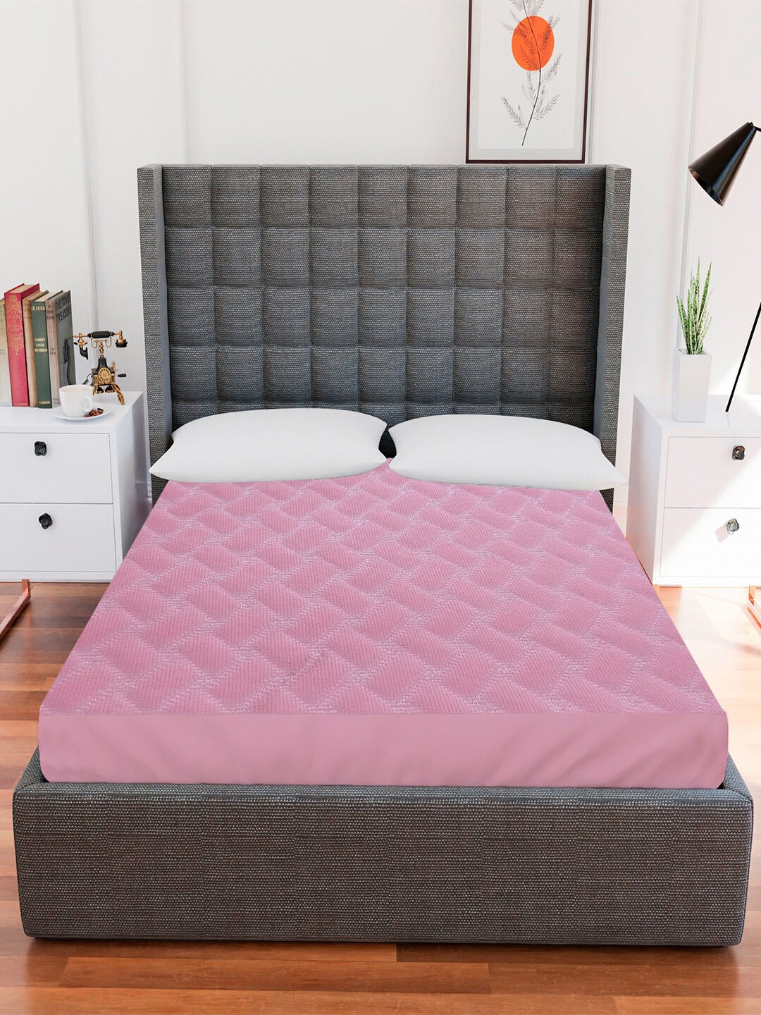 

AVI Pink Self Design Waterproof Deep Skirting Jacquard King Bed Mattress Protector