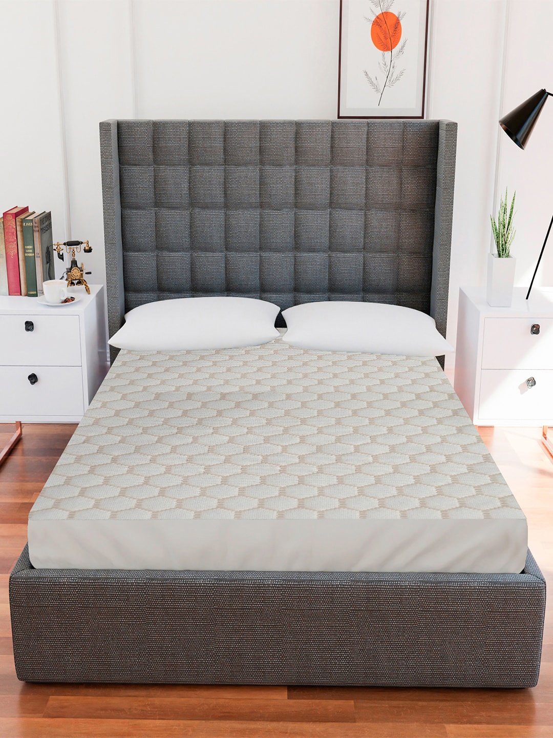 

AVI Beige & White Self-Designed Waterproof Twin Bed Mattress Protector