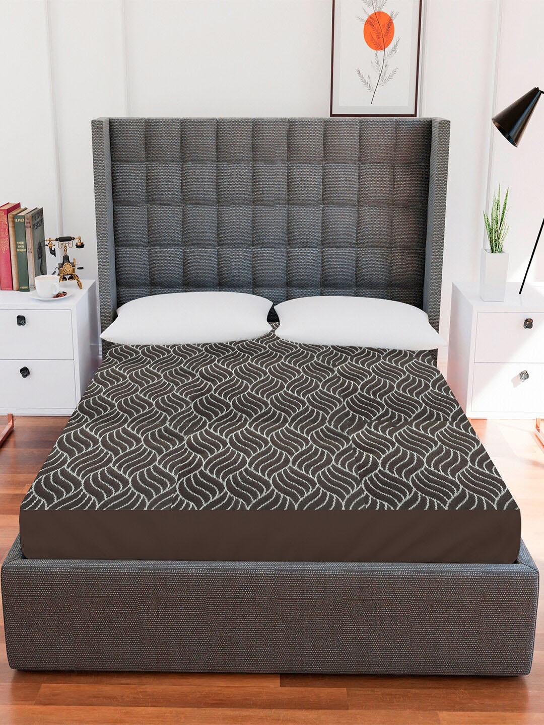 AVI Brown & White Waterproof Deep Skirting Fitted Jacquard Mattress Protector