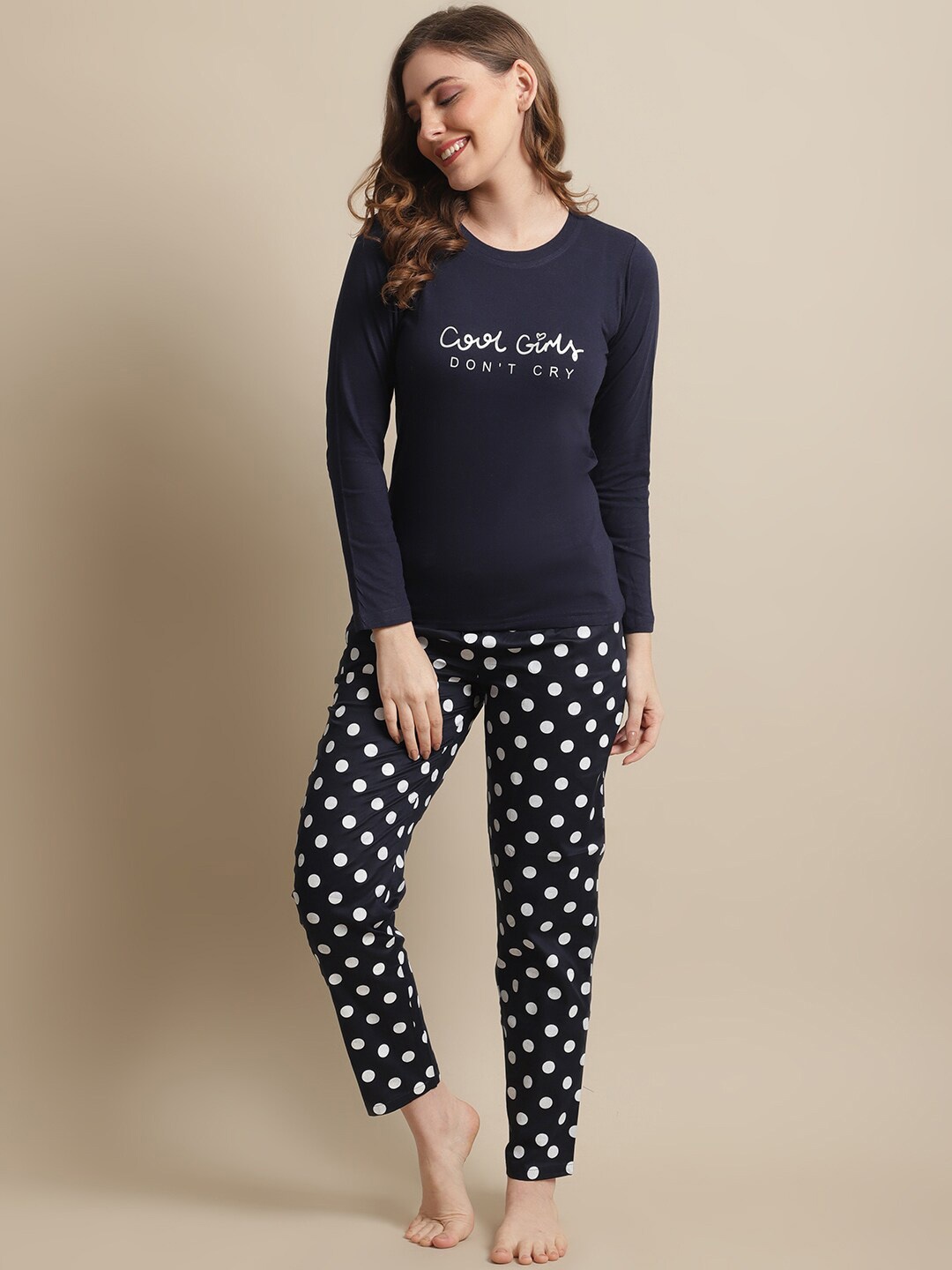 

Boston Club Polka Dots Printed Pure Cotton Night Suit, Navy blue