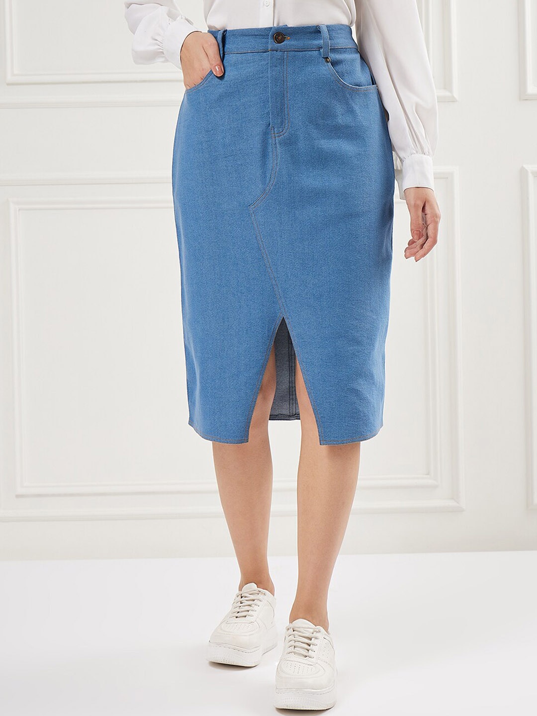 Athena Women Blue Denim Front Slit Knee Length A-Line Skirt