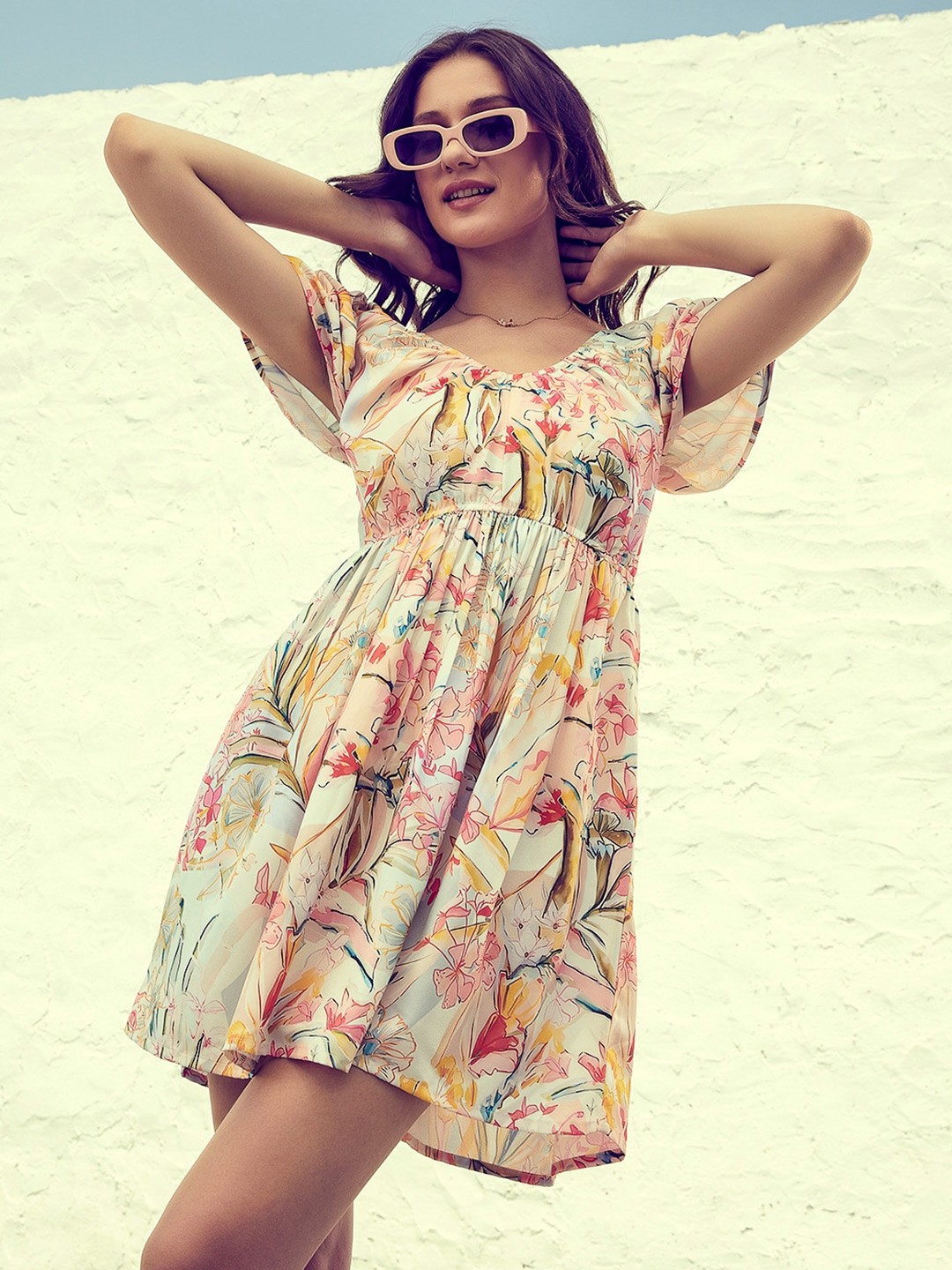 

Athena Floral Print Off-Shoulder Flutter Sleeve Crepe Fit & Flare Dress, Beige