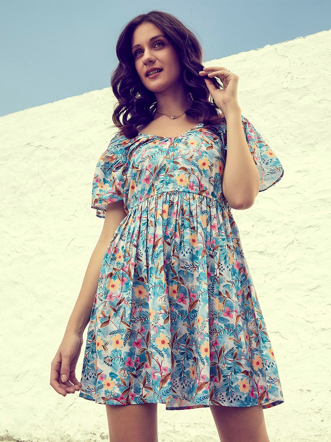 Athena Floral Print Crepe Fit & Flare Dress, Blue