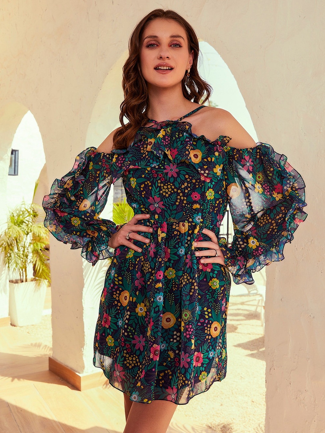 

Athena Navy Blue Floral Printed Cold-Shoulder Ruffled Georgette Fit & Flare Dress