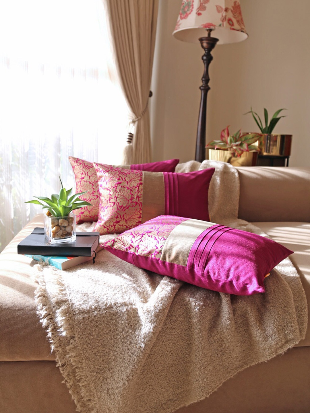 

ANS Pink & Gold-Toned 3-Pieces Ethnic Motifs Rectangle Brocade Cushion Covers