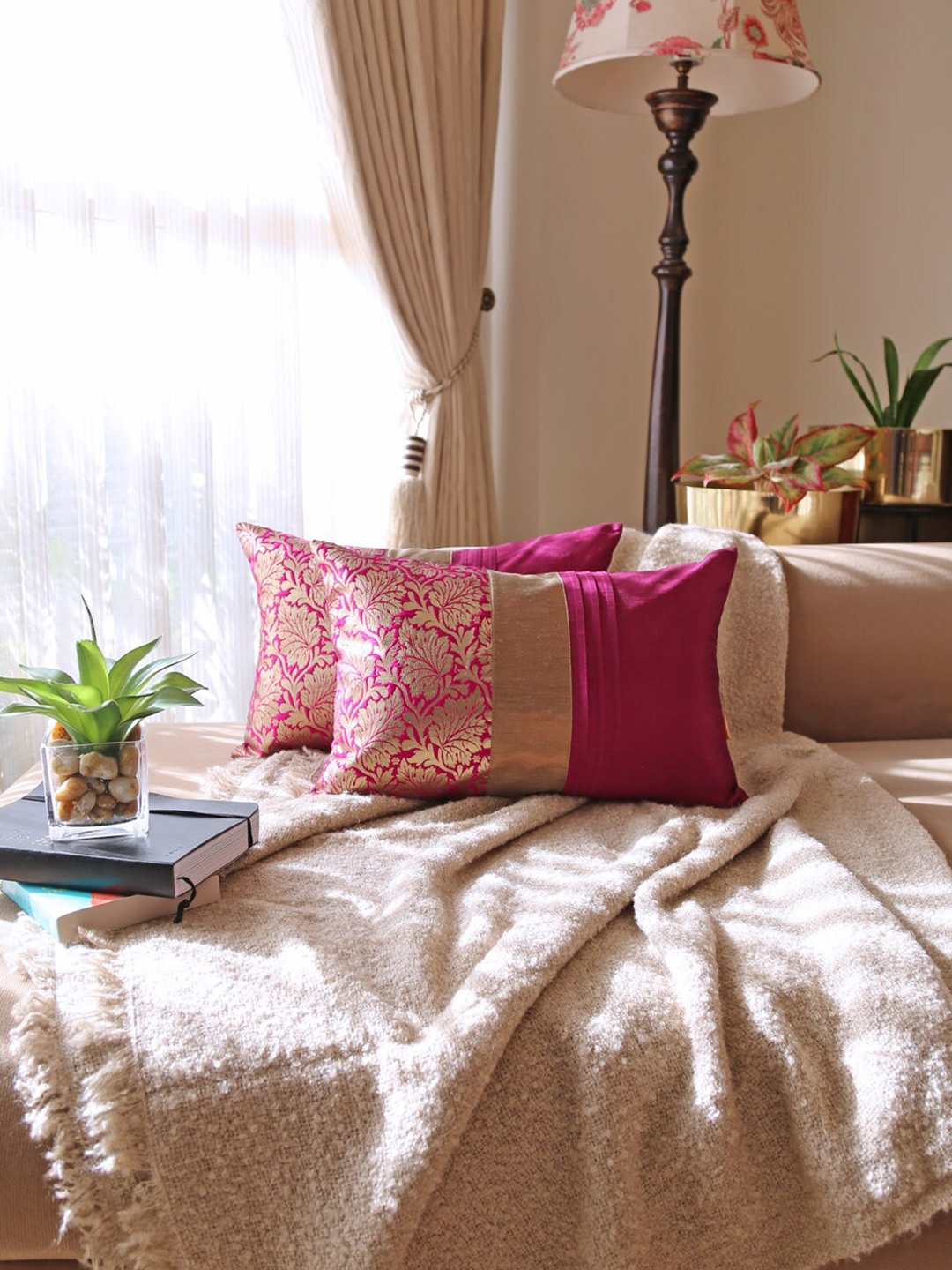 

ANS Pink & Gold-Toned 2-Pieces Ethnic Motifs Rectangle Cushion Cover