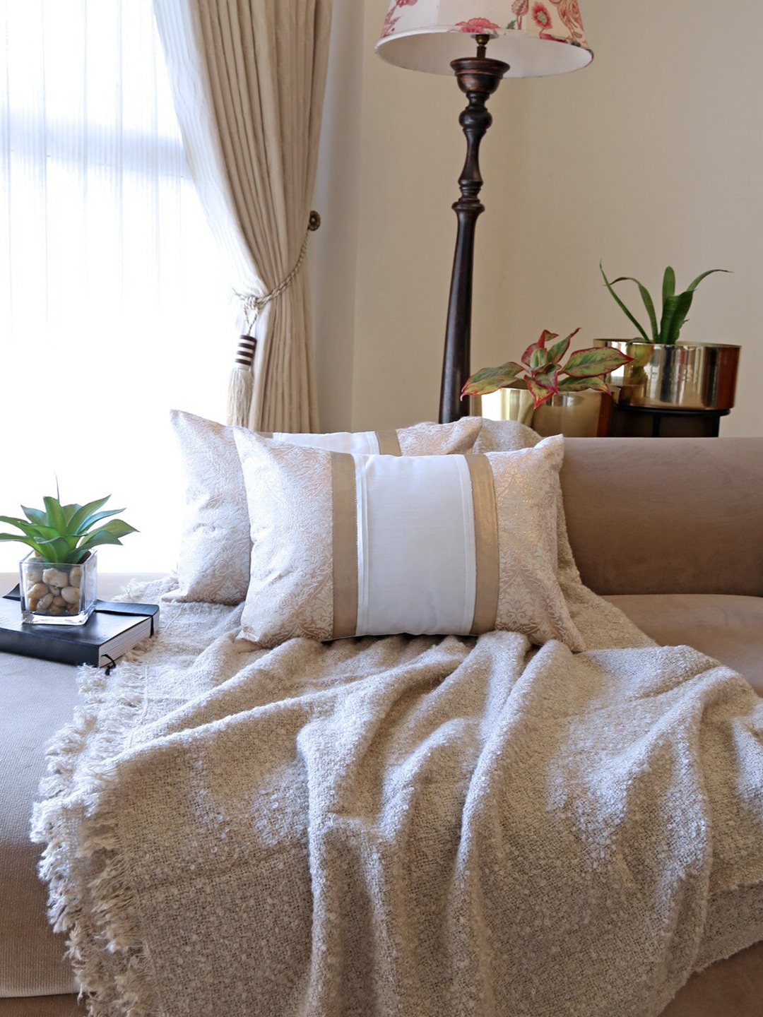ANS Off White & Gold-Toned 2-Pieces Ethnic Motifs Rectangle Cushion Cover