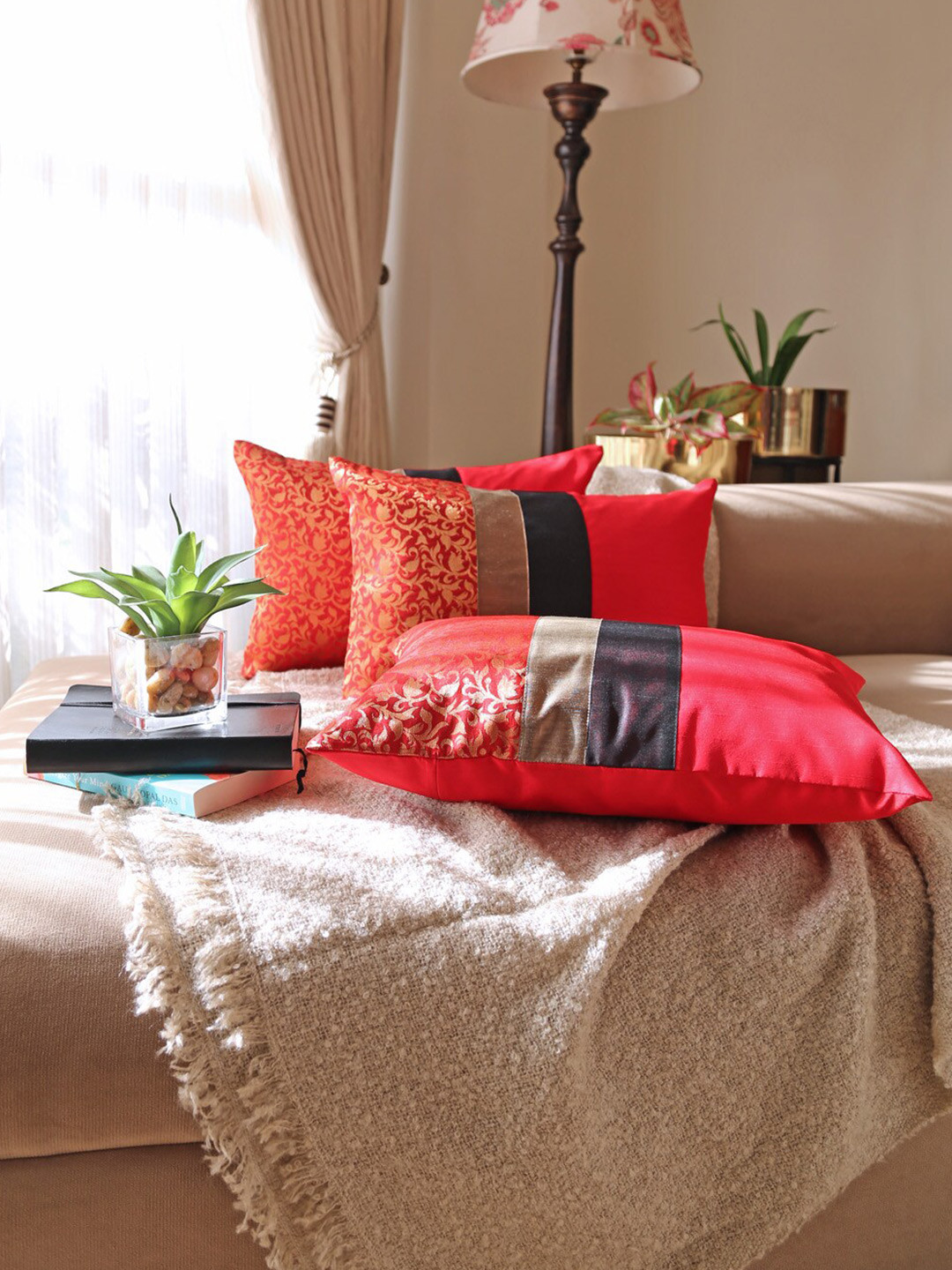 

ANS Red & Gold-Toned 3-Pieces Ethnic Motifs Rectangle Cushion Cover