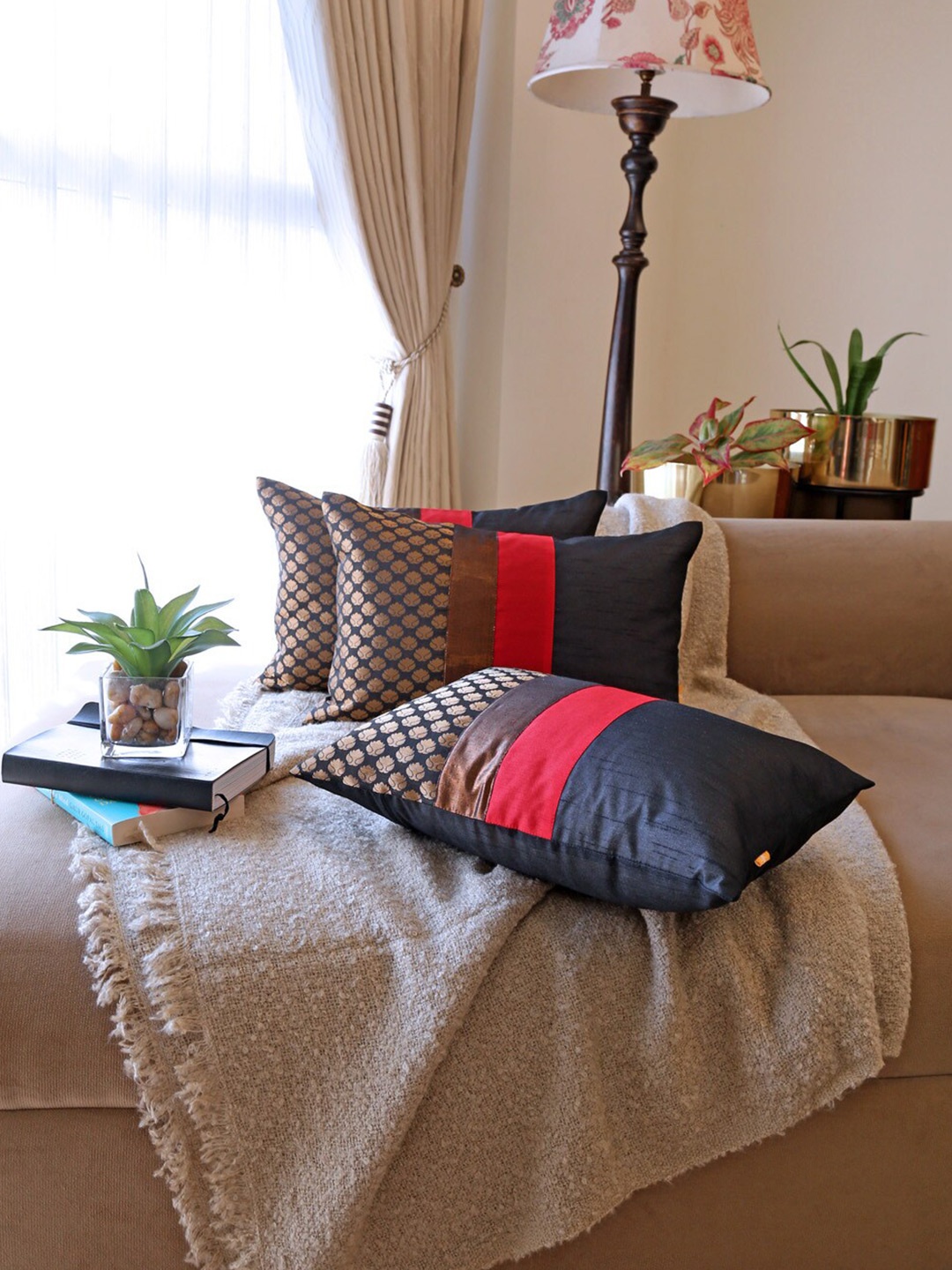 ANS Black & Red 3-Pieces Ethnic Motifs Rectangle Cushion Covers