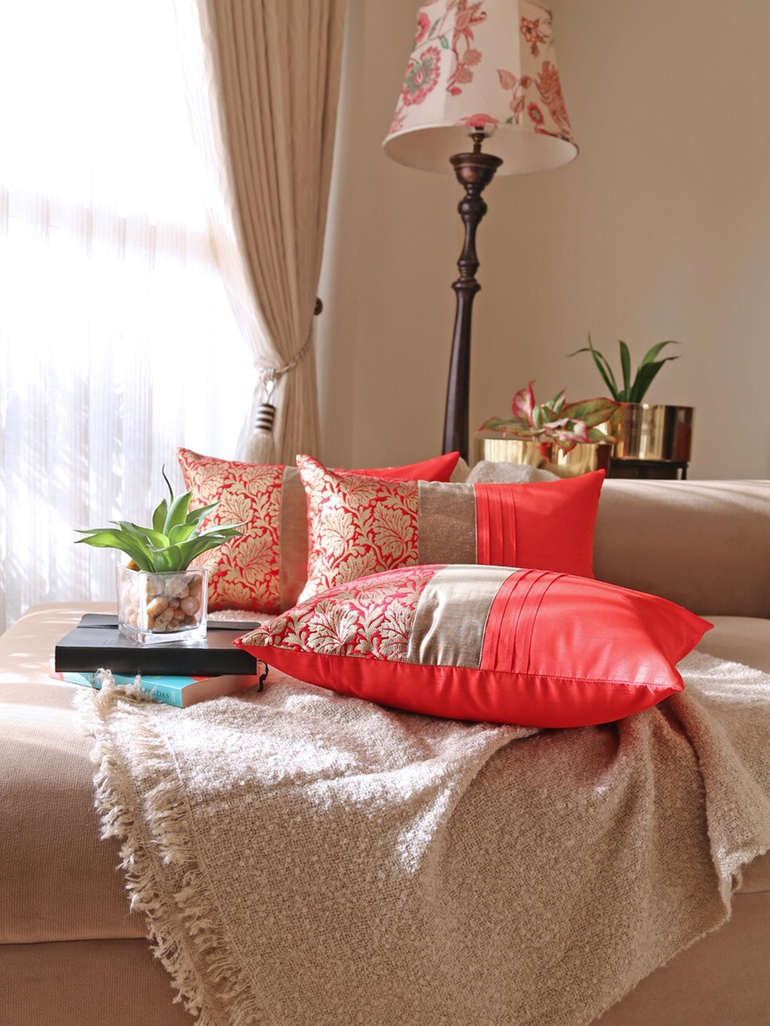 

ANS Red & Gold-Toned 3-Pieces Ethnic Motifs Rectangle Brocade Cushion Covers