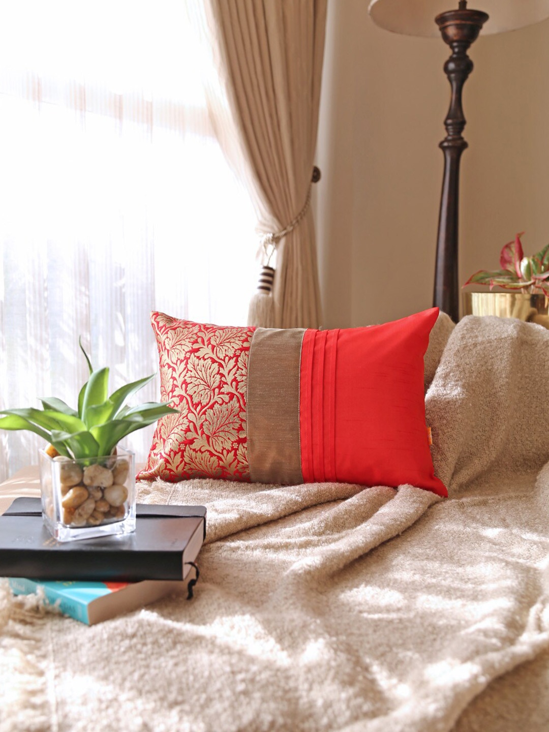 

ANS Red & Gold-Toned Ethnic Motifs Rectangle Cushion Cover