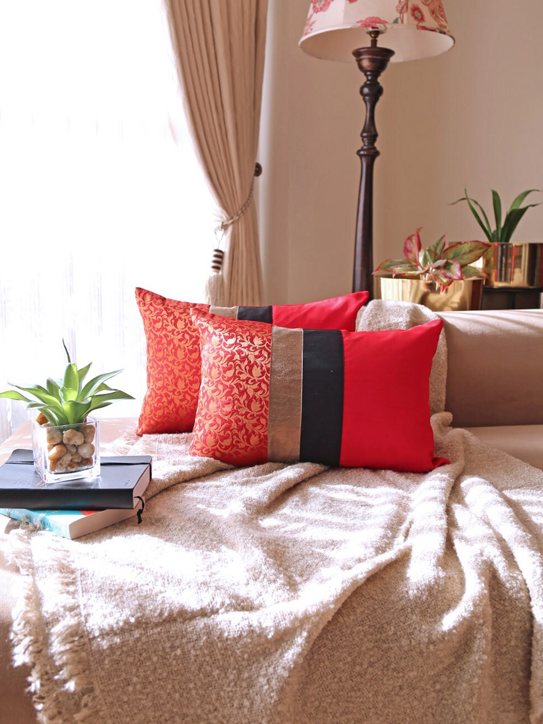 

ANS Red & Black 2-Pieces Ethnic Motifs Rectangle Brocade Cushion Cover