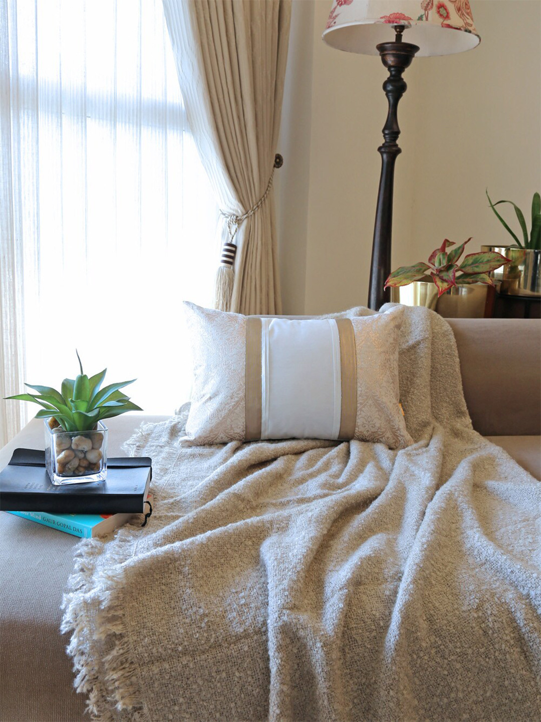 

ANS Off White & Gold-Toned Ethnic Motifs Rectangle Cushion Cover