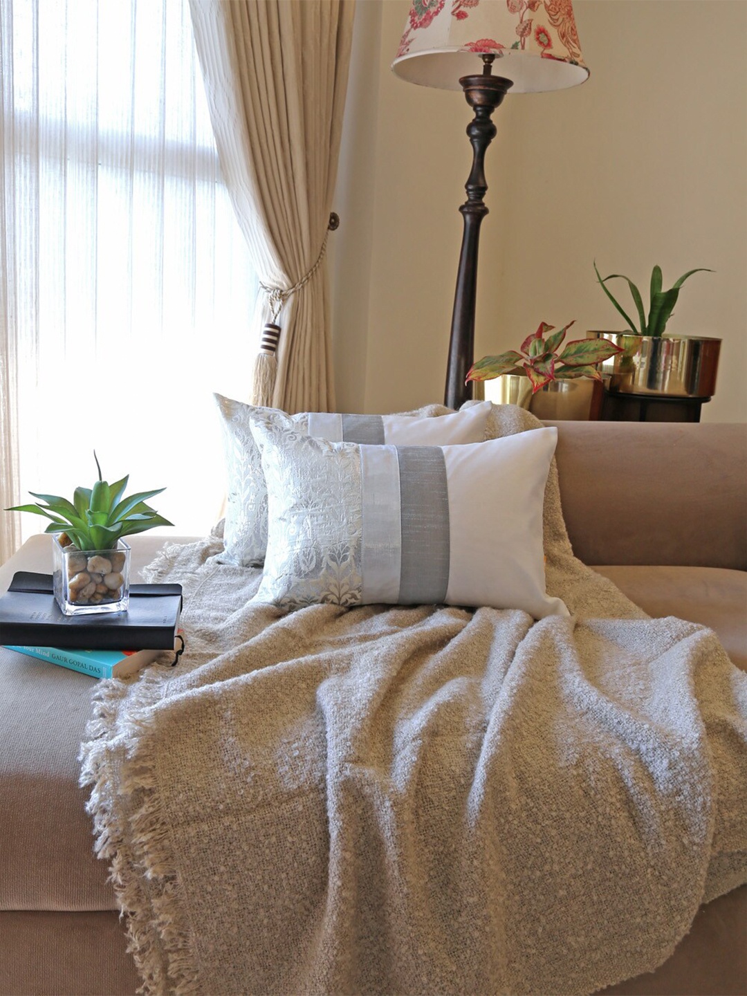 

ANS Off White & Silver-Toned 2-Pieces Ethnic Motifs Rectangle Cushion Cover