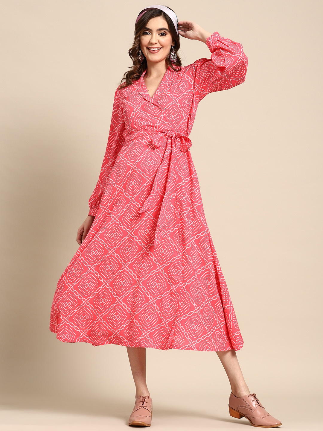 

Sangria Bandhini Printed Shawl Collar A-line Ethnic Wrap Dress, Pink