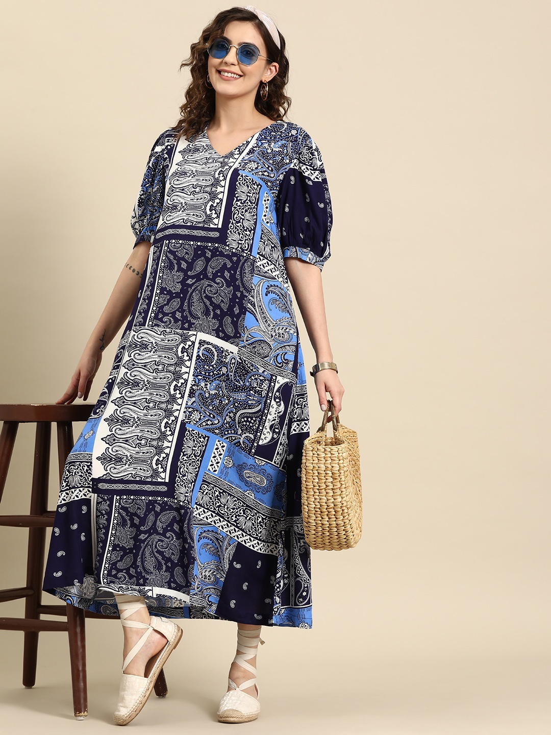 

Sangria Women Ethnic Motifs Printed A-Line Maxi Dress, Blue