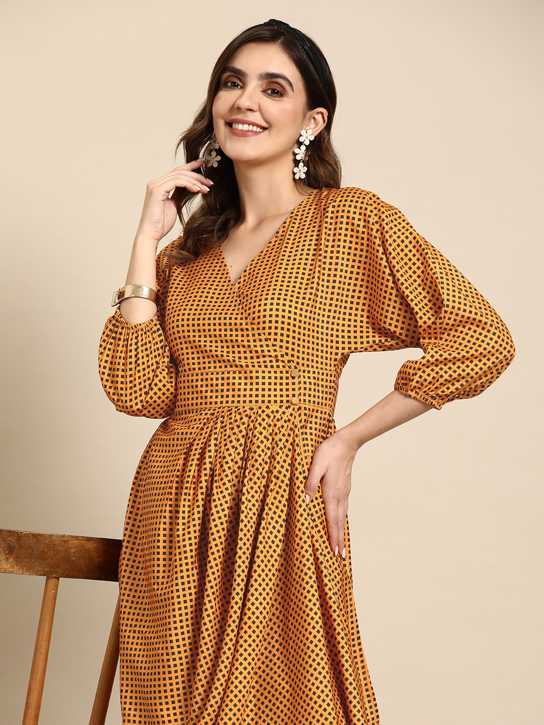 

Sangria Checked Puff Sleeves Tulip Hem Wrap Design Maxi Dress, Mustard
